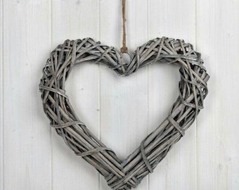 Medium / Large 30cm shabby chic Grey Wicker rattan heart hanging from jute string