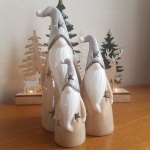 Light up LED ceramic Christmas gonks beige and grey warm LED’S set of 3