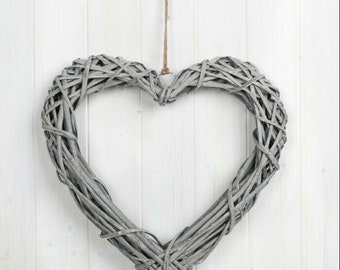 Ex Large 40cm shabby chic Grey Wicker rattan heart hanging from jute string