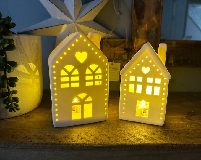 Set of 2 Light up White Ceramic House LED Christmas Village Ornaments