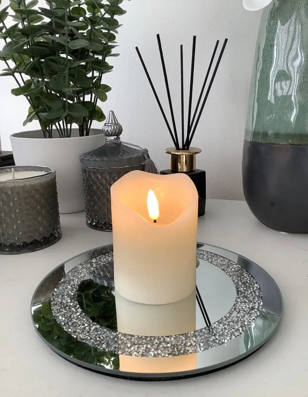 Large 20cm Round Crushed Diamanté Silver Mirrored Glass Candle - Etsy