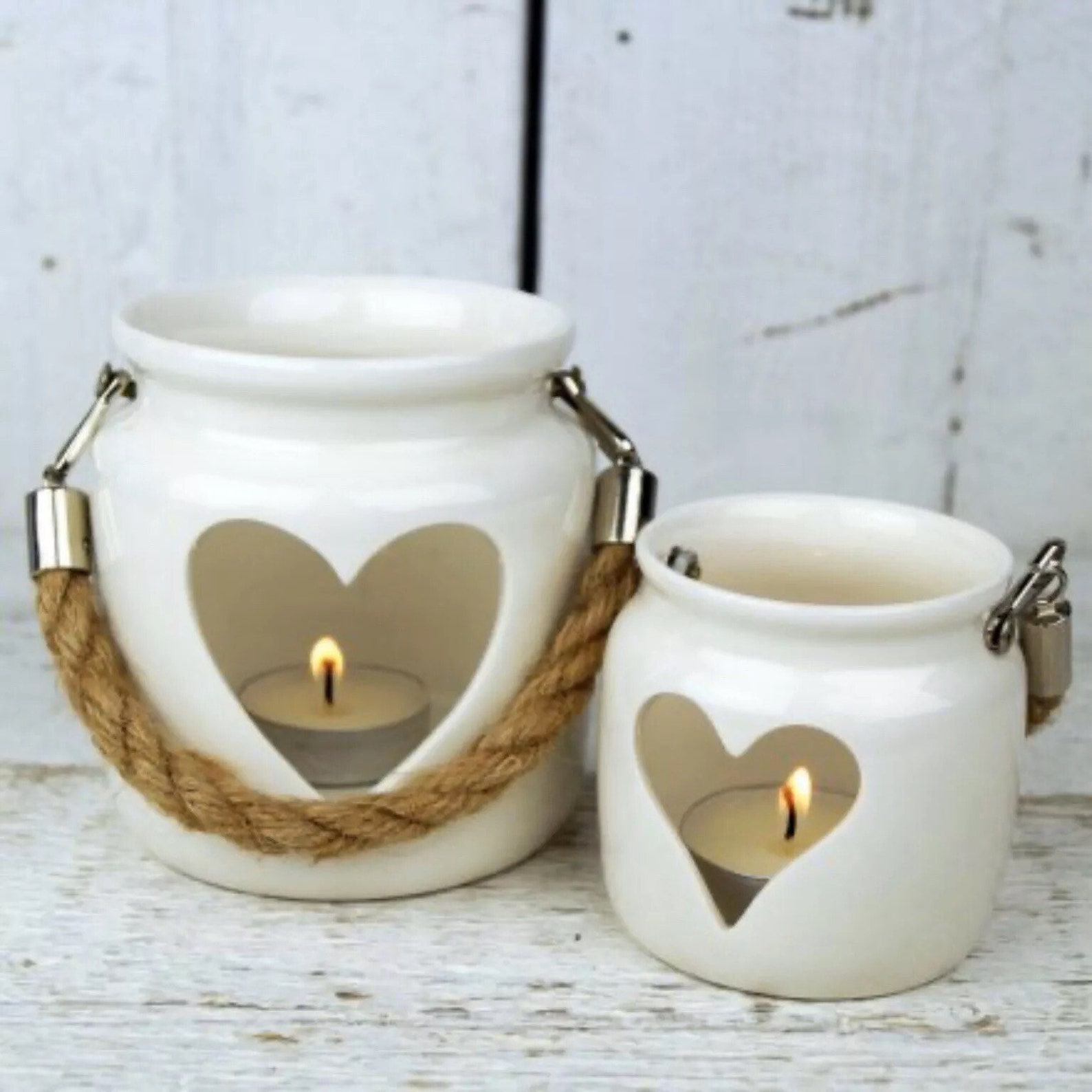 Set of 2 White Ceramic Heart Tea Light Holders Candle Lanterns Etsy