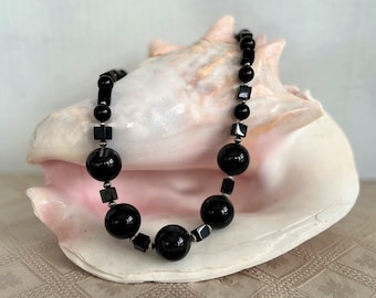 Black Chalcedony & Onyx Necklace - Large Bead Necklace - Statement Necklace - Chunky Bead Necklace - Ukraine Support