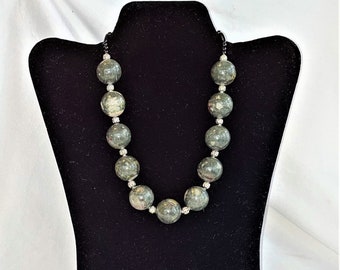 Gemstone Statement Necklace - Jasper & Onyx Bead Necklace - Chunky Necklace - Large Bead Necklace - Ukraine Support