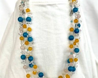 Ukraine Necklace, Multi Strand Bead Necklace, Genuine Gemstones, Quartz & Jade, Statement Necklace - ALL profits go to war relief!