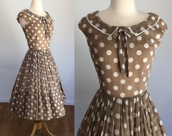 tan dress with white polka dots