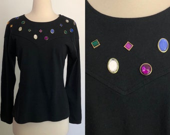 Stunning! Vintage 1980\u2019s Bejeweled Rhinestone Studs Jeweled Black Sweater