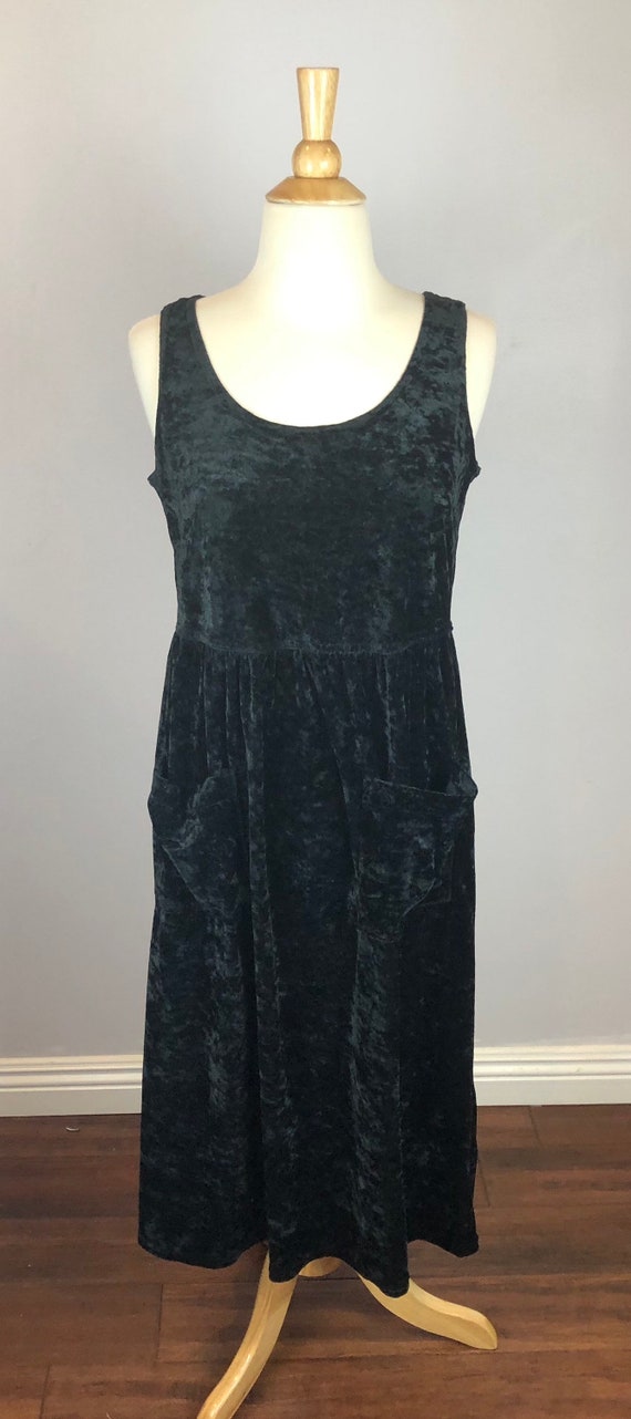 Black Crushed Velvet Tank Top Dress - 1990's Vint… - image 2