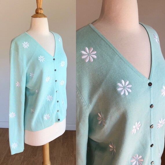 Vintage 1980's-1990's Embroidered Daisy Cardigan … - image 1