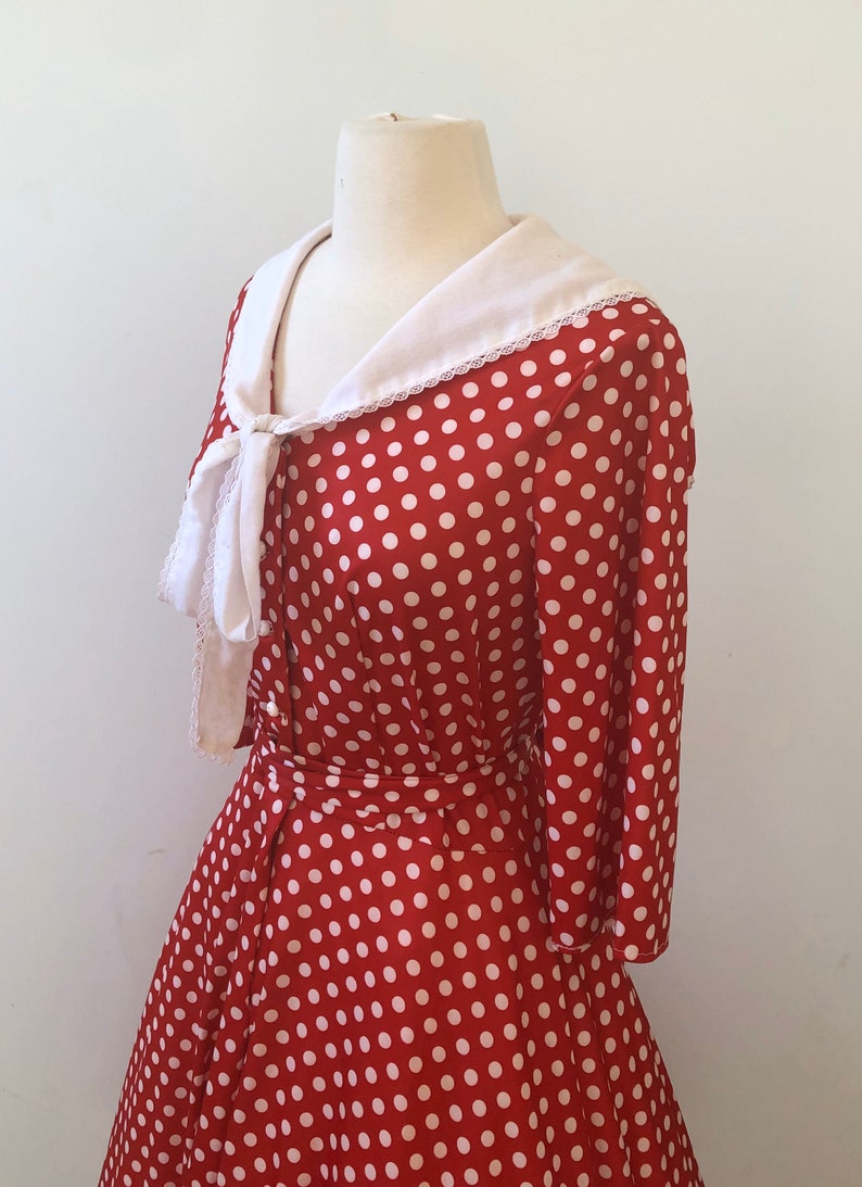 Full Circle Skirt Vintage 1950/'s1960/'s Nautical Sailor Collar Cherry Red and White Polka Dot Dress Amazing!