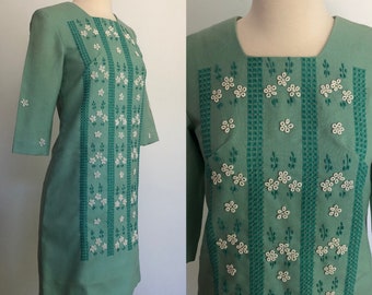 Vintage Handmade 1970’s Floral Embroidered Green/Jade/Mint Sheath/Pencil Dress - Unique!