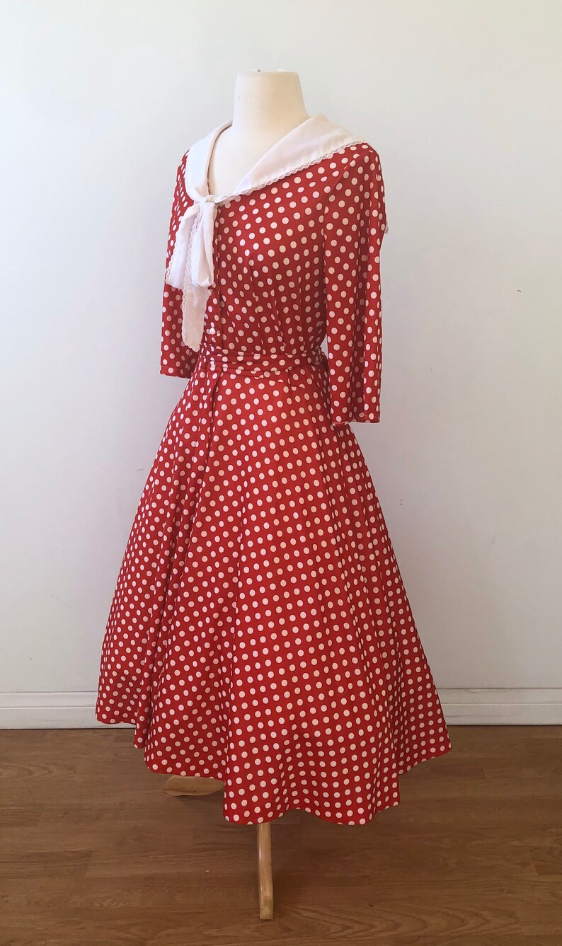 Full Circle Skirt Vintage 1950/'s1960/'s Nautical Sailor Collar Cherry Red and White Polka Dot Dress Amazing!