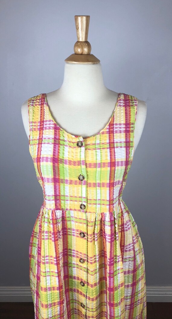 1990's Plaid Pink/Yellow Vintage Dress - Button-U… - image 4