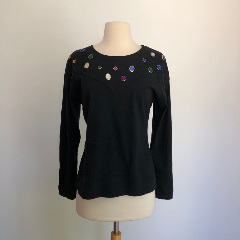 Stunning! Vintage 1980\u2019s Bejeweled Rhinestone Studs Jeweled Black Sweater