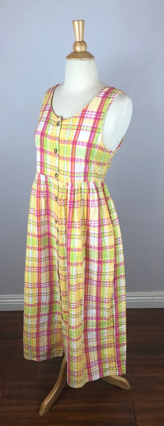 1990's Plaid Pink/Yellow Vintage Dress - Button-U… - image 3