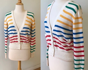 Vintage Striped Cardigan Sweater - Multicolored/Rainbow Stripes - Cream - Long Sleees - Gorgeous!