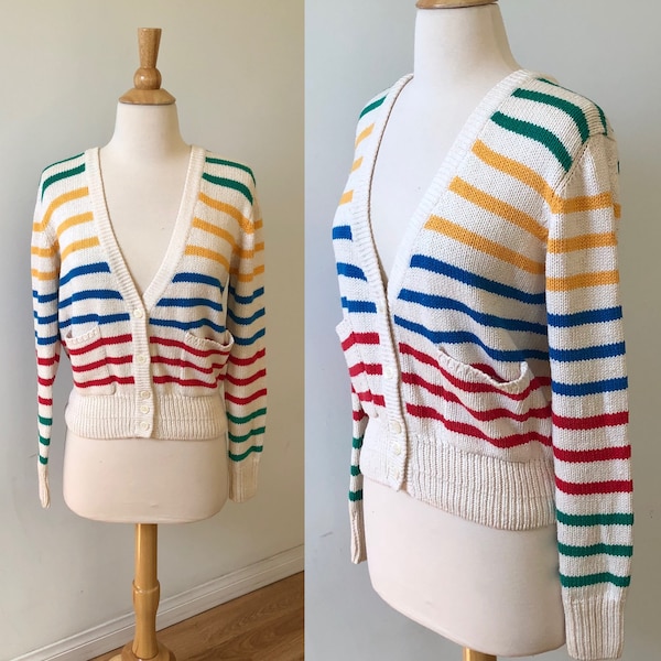 Vintage Striped Cardigan Sweater - Multicolored/Rainbow Stripes - Cream - Long Sleees - Gorgeous!