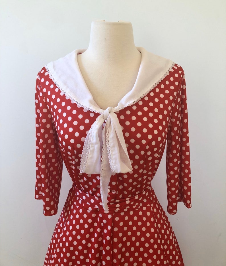 Full Circle Skirt Vintage 1950/'s1960/'s Nautical Sailor Collar Cherry Red and White Polka Dot Dress Amazing!