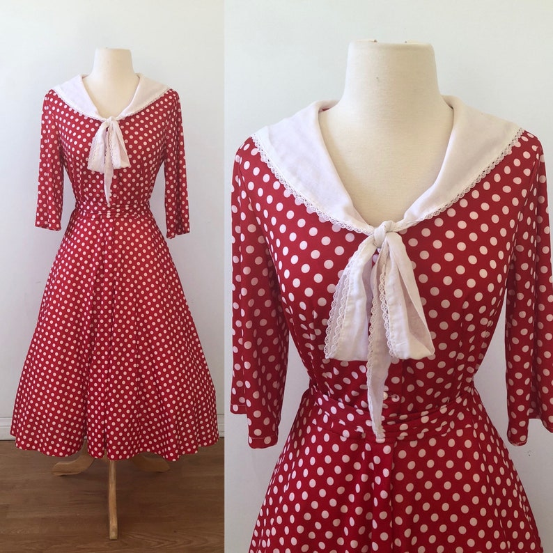 Full Circle Skirt Vintage 1950/'s1960/'s Nautical Sailor Collar Cherry Red and White Polka Dot Dress Amazing!
