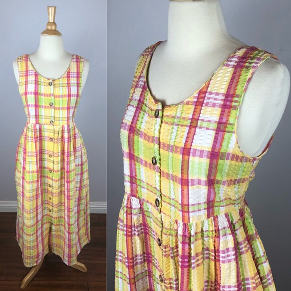 1990's Plaid Pink/Yellow Vintage Dress - Button-U… - image 1