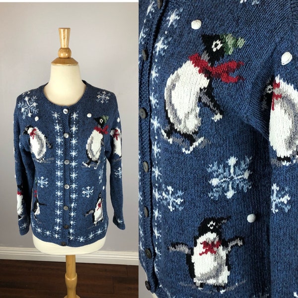 Penguin Figure Skaters Sweater - Knit/Knitted - Christmas/Winter Scene - Snowflakes - Button-Up Cardigan - SO CUTE!
