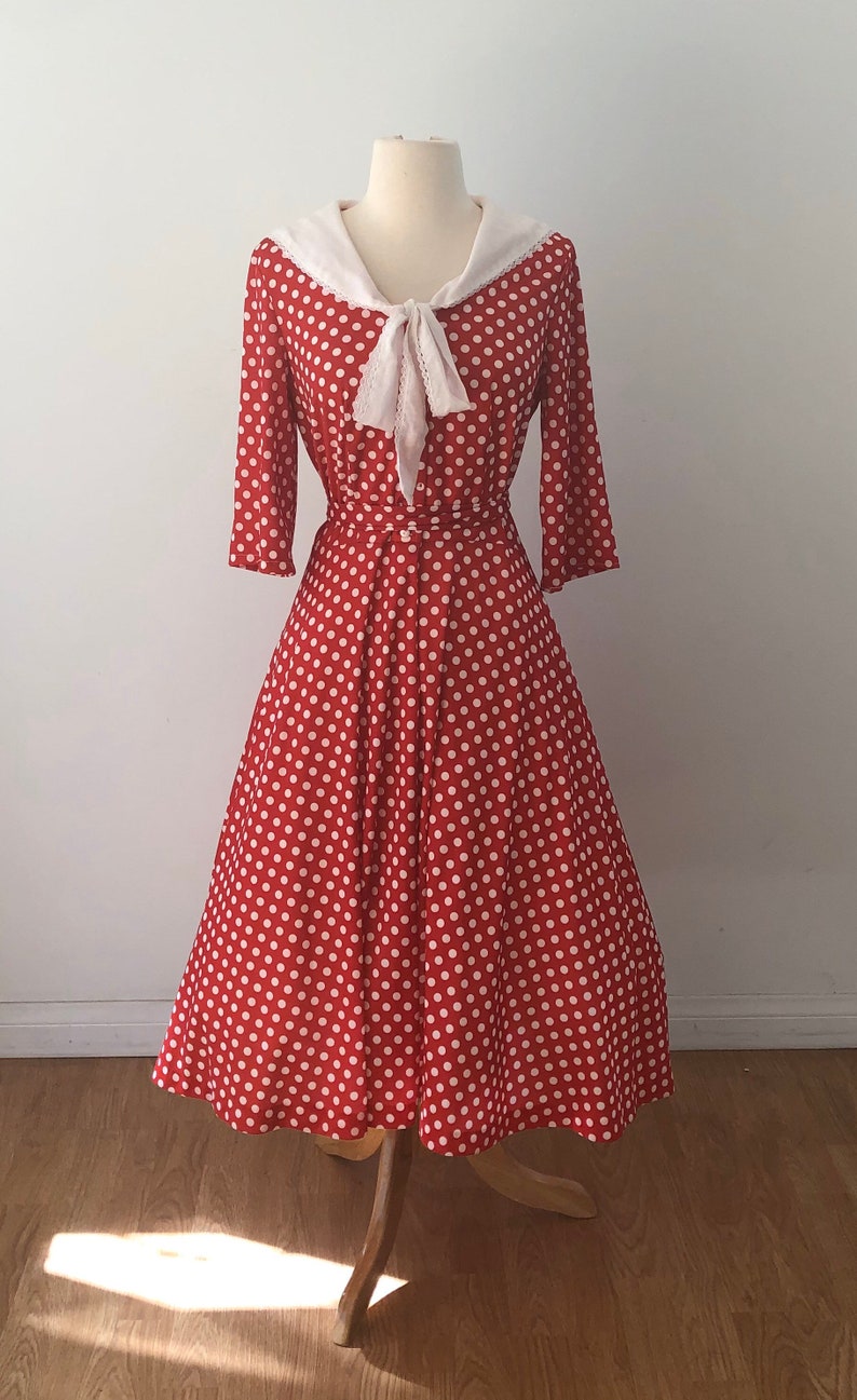 Full Circle Skirt Vintage 1950/'s1960/'s Nautical Sailor Collar Cherry Red and White Polka Dot Dress Amazing!