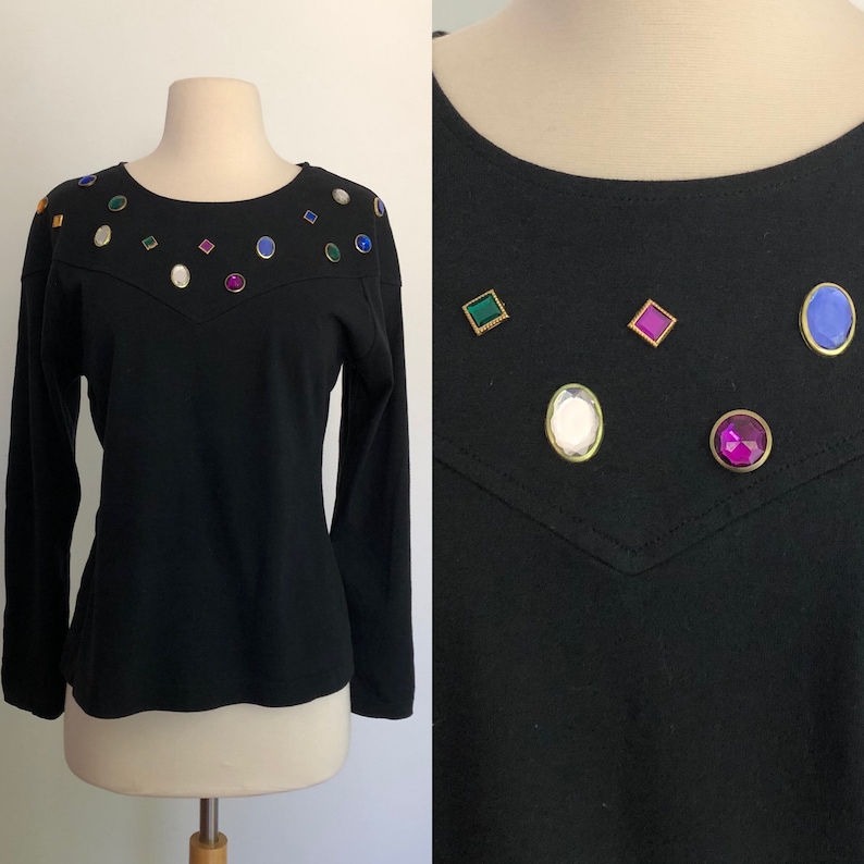 Stunning! Vintage 1980\u2019s Bejeweled Rhinestone Studs Jeweled Black Sweater