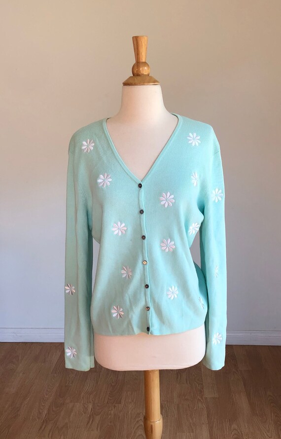 Vintage 1980's-1990's Embroidered Daisy Cardigan … - image 2