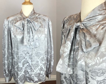Vintage 1960's-1980's Secretary Ascot Blouse - Satin-Like - Grey - Roses/Floral Pattern - Bow - Adorable!