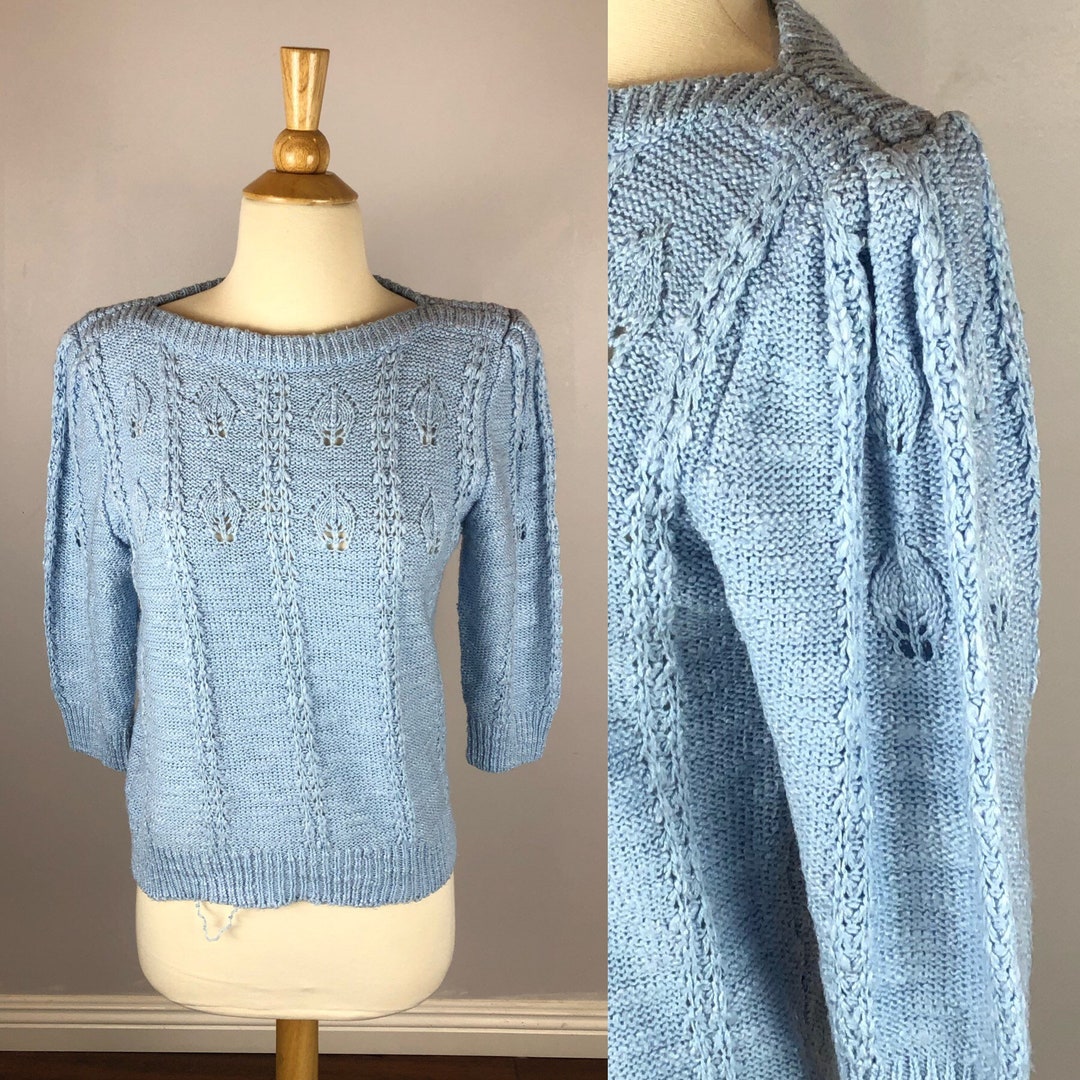 Powder Blue Sweater With Leaf Designs Knit/knitted 3/4 Etsy