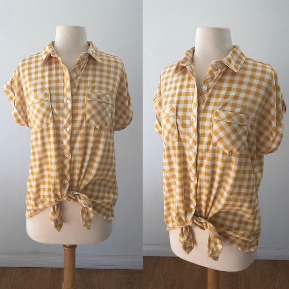Vintage Style Yellow Gingham Button-Up Tie Front Collared Shirt - Adorable!