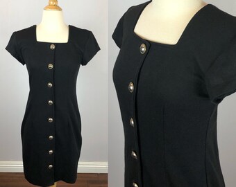 1980's Button-Up Little Black Dress - Vintage - Square Neckline - Short Sleeves - Gorgeous!