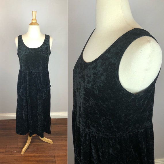 Black Crushed Velvet Tank Top Dress - 1990's Vint… - image 1