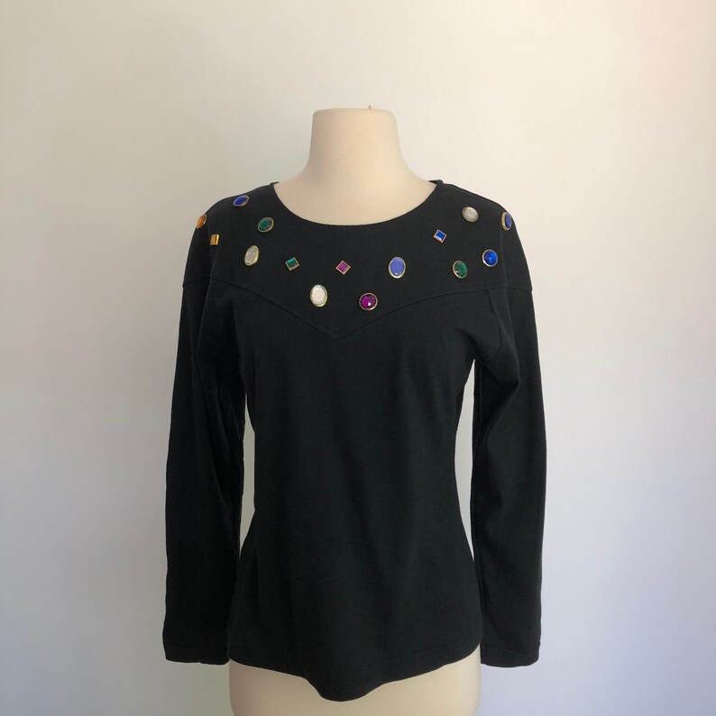 Stunning! Vintage 1980\u2019s Bejeweled Rhinestone Studs Jeweled Black Sweater