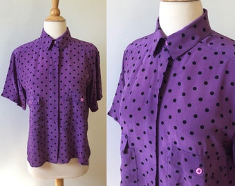 Vintage 1980's-1990's Polka Dot Collared Blouse - Button-Up - Purple/Black - Short Sleeves - Cute!