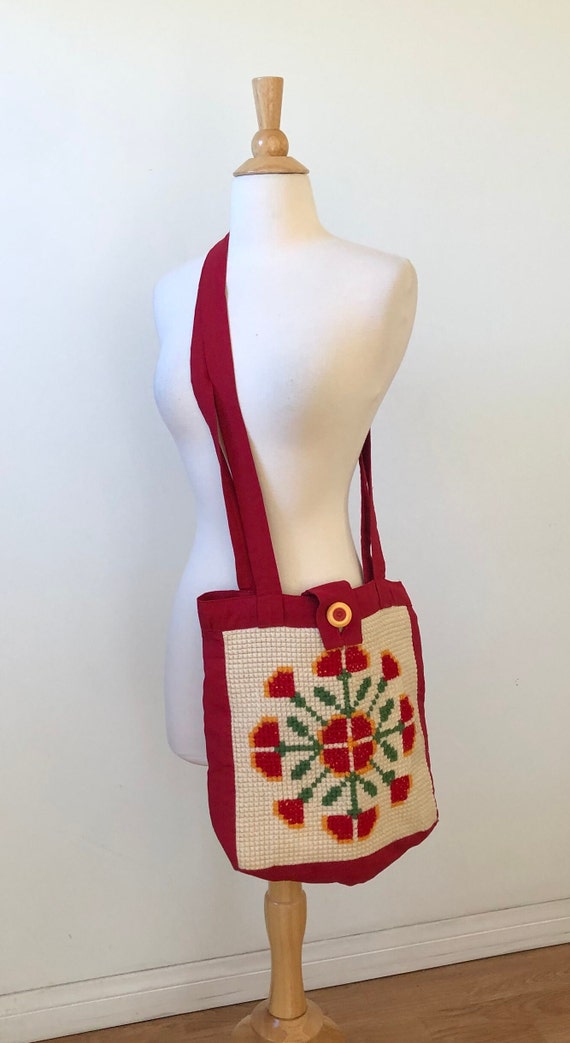 Handmade Vintage Cross-stitch Crossbody Bag - Red… - image 2