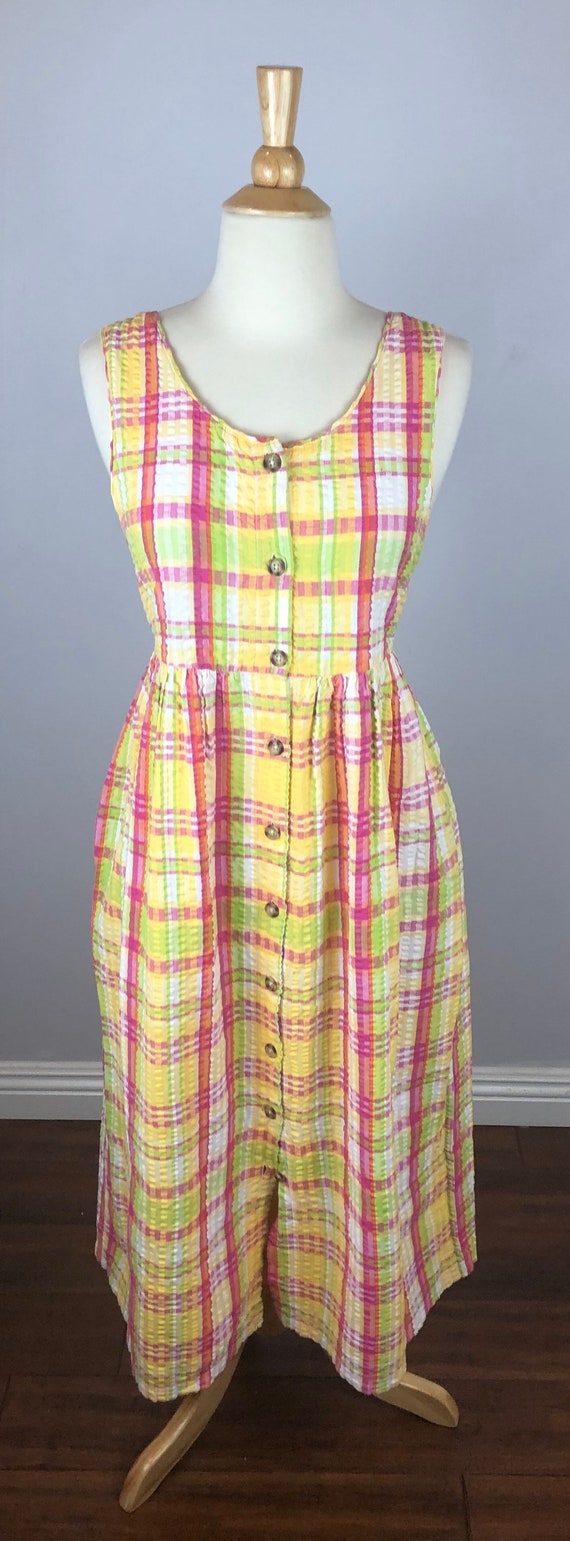 1990's Plaid Pink/Yellow Vintage Dress - Button-U… - image 2