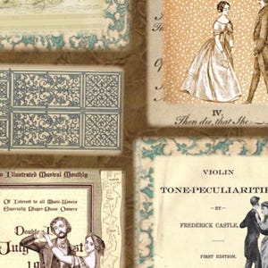 May include: A collage of vintage ephemera featuring illustrations of dancers, sheet music, and a horse-drawn carriage. The color palette includes sepia tones, teal accents, and cream-colored backgrounds. Text includes "Fancy Dress Ball" and "Le Maitre A Danser."