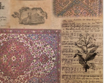 May include: A vintage-style collage with a rug illustration in red, pink, and cream, featuring a floral design. The image also includes a black and white drawing of a couple near trees, and sheet music with text.
