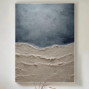 Wabi-Sabi Vagues beiges bleu océan, peinture sur toile, art mural texturé 3D, peinture vague de mer texturée lourde, peinture abstraite