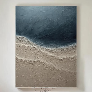 Peinture abstraite beige vagues de l'océan sur toile Art mural texturé 3D wabi-sabi Peinture épaisse texturée vagues de la mer, peinture abstraite, art mural