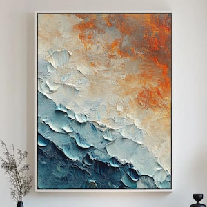 Vagues de l'océan abstraites, peinture sur toile, art mural texturé 3D, grosses vagues texturées de la mer, peinture colorée abstraite, art mural wabi-sabi