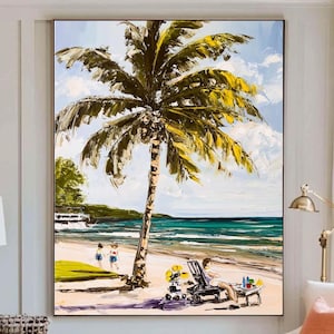 Plage tropicale à Hawaï, vacances, peinture sur toile, palmier côtier, peinture de petites personnes dans l'océan, peinture texturée 3D, décoration de maison