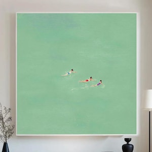 Girls Floating in Pool Wall Art three Women Swimming into Green Pool Oil Painting Swimming Pool Canvas Wall Art  Swimming Pool Wall Decor