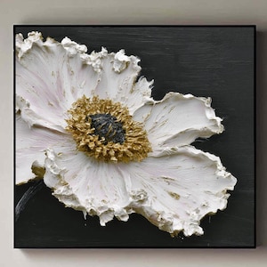White Floral textured wall art beige flower textured canvas wall art black and beige flower art heavy textured floral oil painting on canvas
