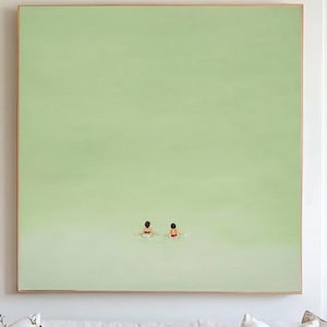 Girls Floating in Pool Wall Art two Women Swimming into Green Pool Oil Painting Swimming Pool Canvas Wall Art  Swimming Pool Wall Decor