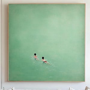 Minimalist Oil Painting of Two Swimmers in Green Pool Water Serene Landscape Art Calming Wall Decor for Home Two Figures Swimming Peaceful