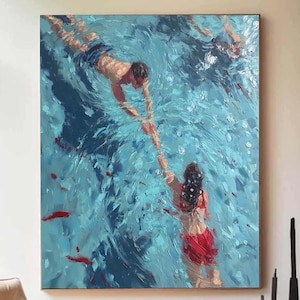 swimming oil painting diving wall art  girl painting blue abstract art diving in ocean Man and Woman Swimming blue sea Canvas wall art