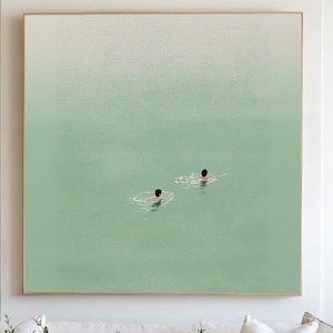 People Floating in Pool Wall Art Minimalist two People Swimming into Green Pool Oil Painting  Pool Canvas Wall Art Floatingh Pool Wall Decor