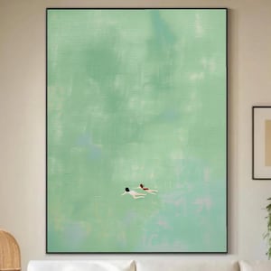 Girls Floating in Green Pool Wall Art two Women Swimming into Green Pool Oil Painting Swimming Pool Canvas Wall Art Swimming Pool Wall Decor